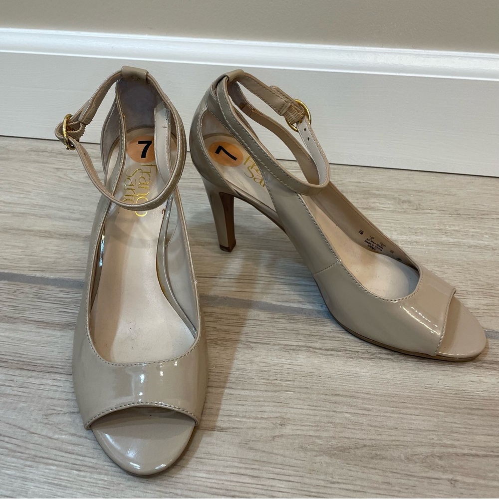 Franco Sarto Beige Patent Peep-Toe Ankle Strap Heels